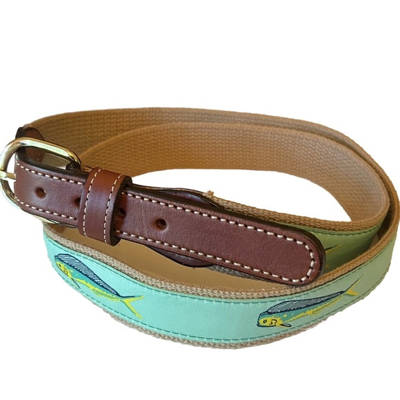 Men’s Canvas Leather Brass Belt Mahi on Seafoam Blue Fishing Outdoor, 46” - Picture 1 of 4